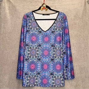 Sakaurafiua 1X Top Shirt V Neck Long Sleeve Blue Geometric Stretch‎ Casual